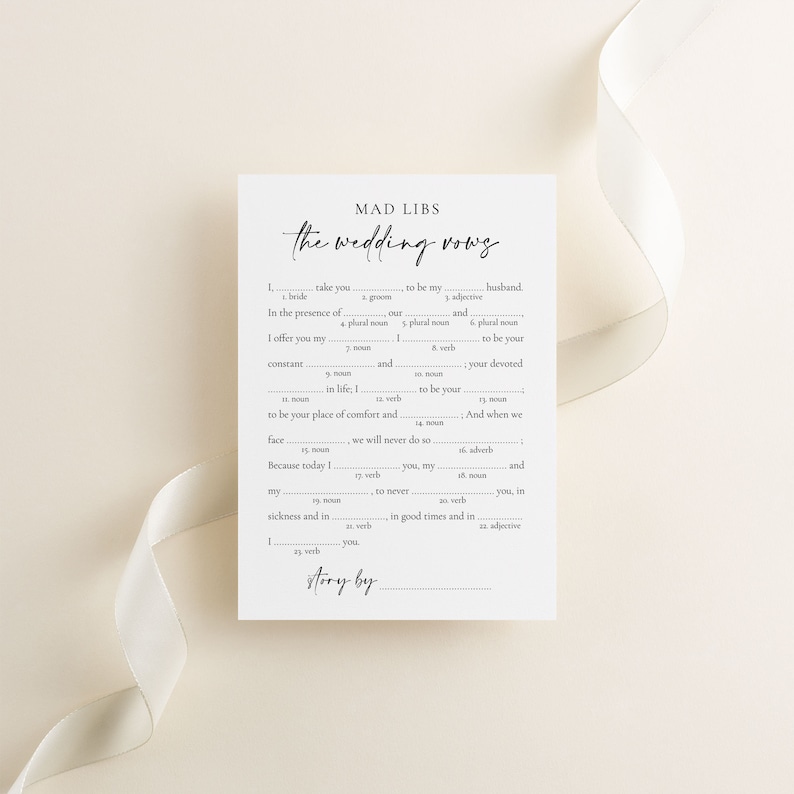 The wedding vows bridal shower mad libs game.