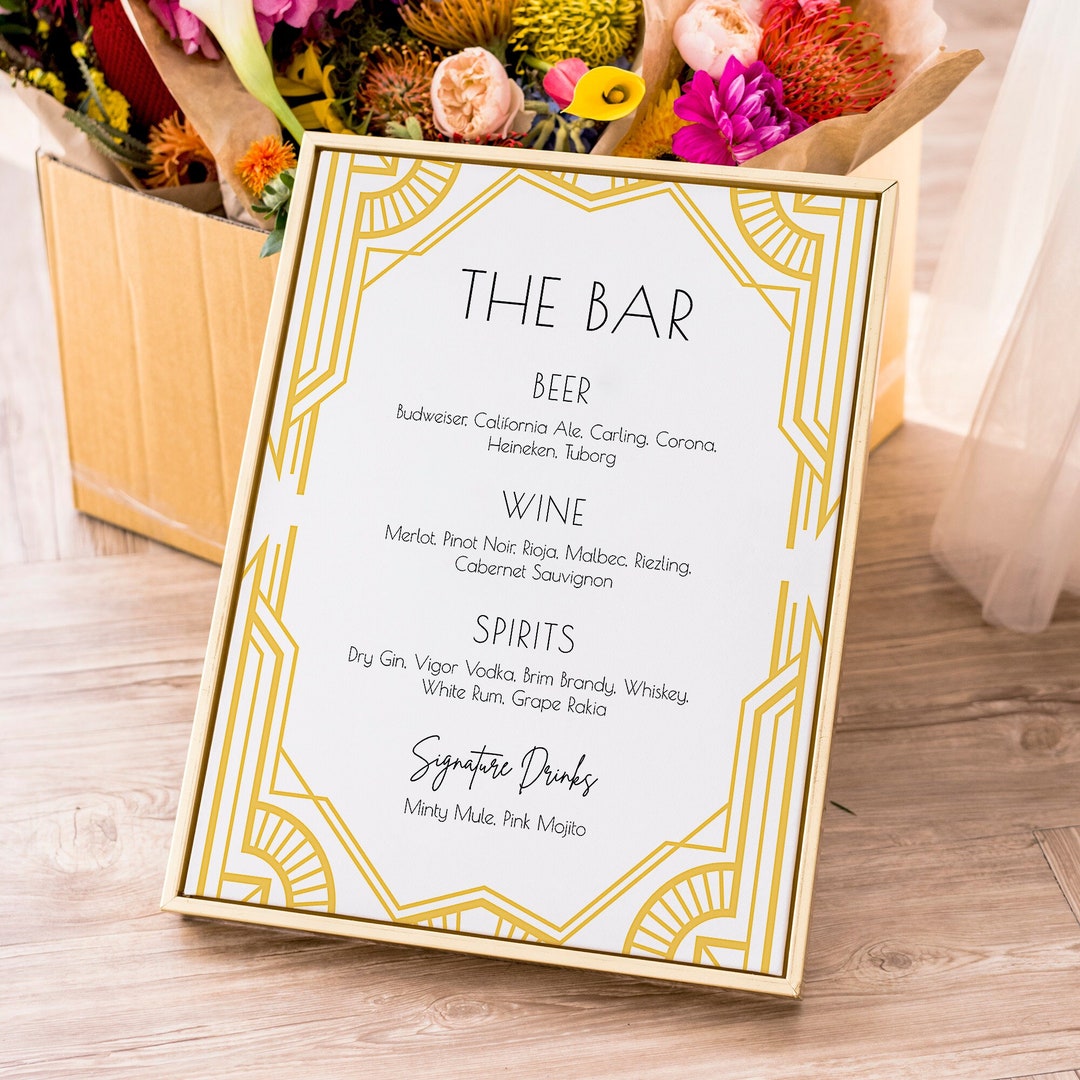 Modern Art Deco Bar Sign With Golden Geometric Frame in 2 Sizes, 100