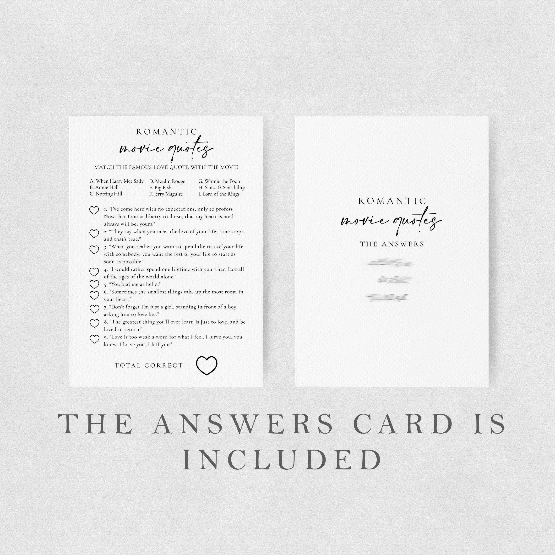 Printable Match the Movie Love Quotes Game Movie Trivia - Etsy