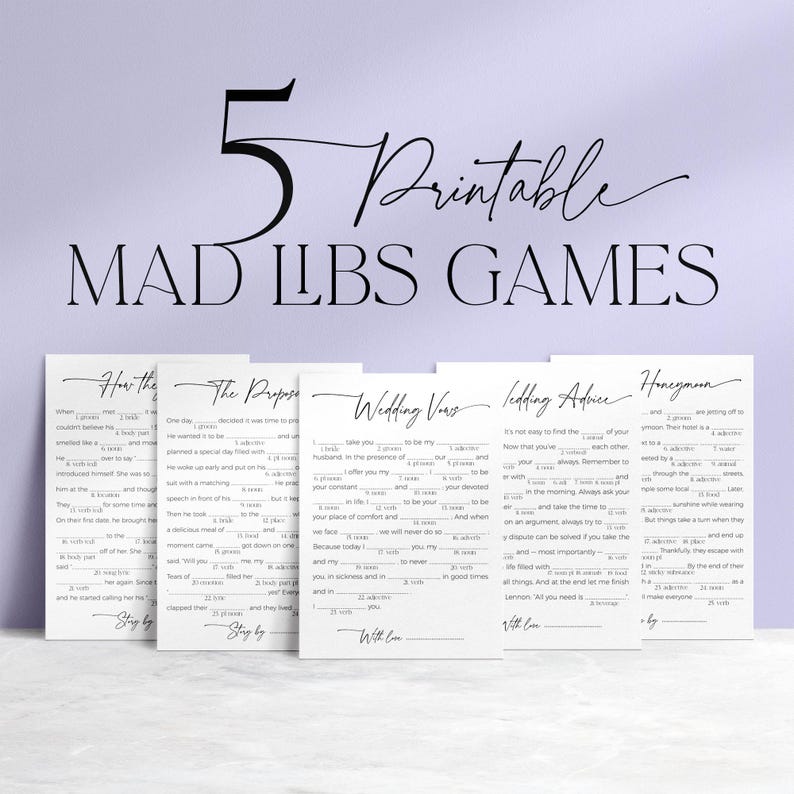 5 printable mad libs games for a bridal shower or a wedding party