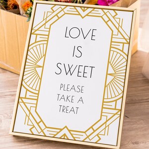 Plantilla de signo de golosinas de boda Art Déco, signo de amor imprimible es dulce, signo Art Déco amarillo dorado, signo de favores de fiesta de la década de 1920, DESCARGA INSTANTÁNEA