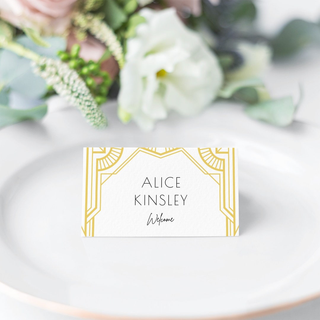 Modern Art Deco Place Cards With Gold Geometric Frame, Flat and Tent