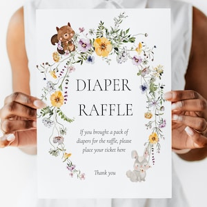 Boleto y cartel imprimibles para rifa de pañales: Baby Shower de género neutro (editable)