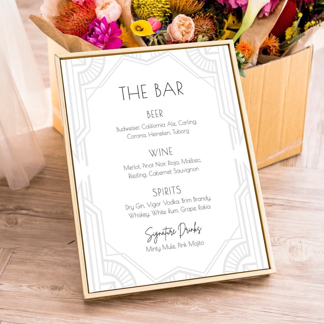 Silver Art Deco Bar Sign Template, Gatsby Bar Menu Printable, 8x10 and