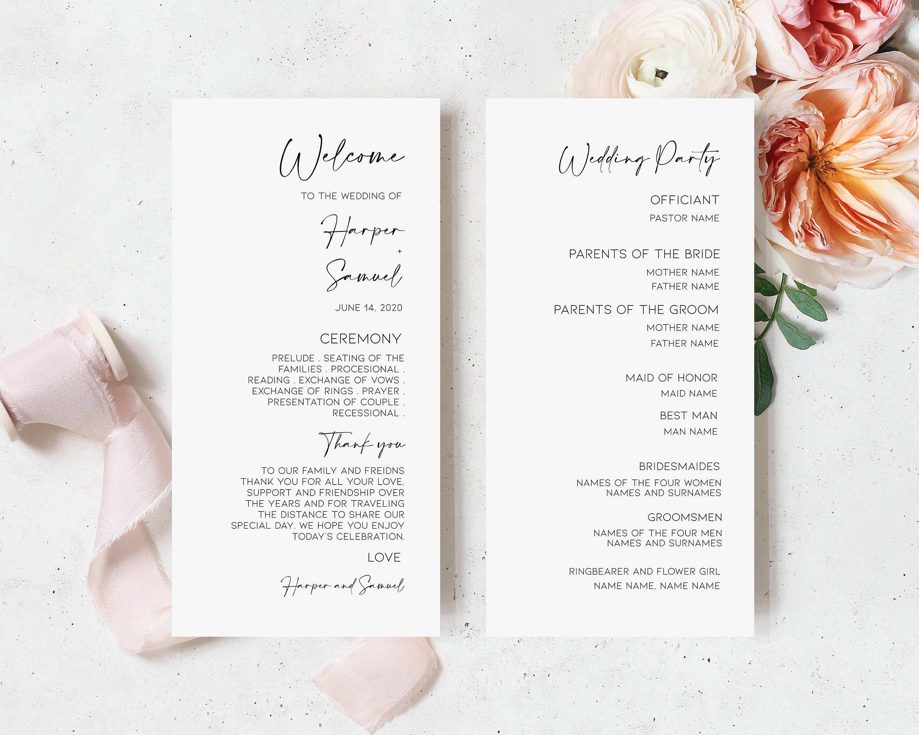 Church Wedding Ceremony Program Template Elegant Calligraphy Etsy