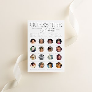 Guess the celebrity game for baby showers with modern, minimalist design and beautiful calligraphy fonts