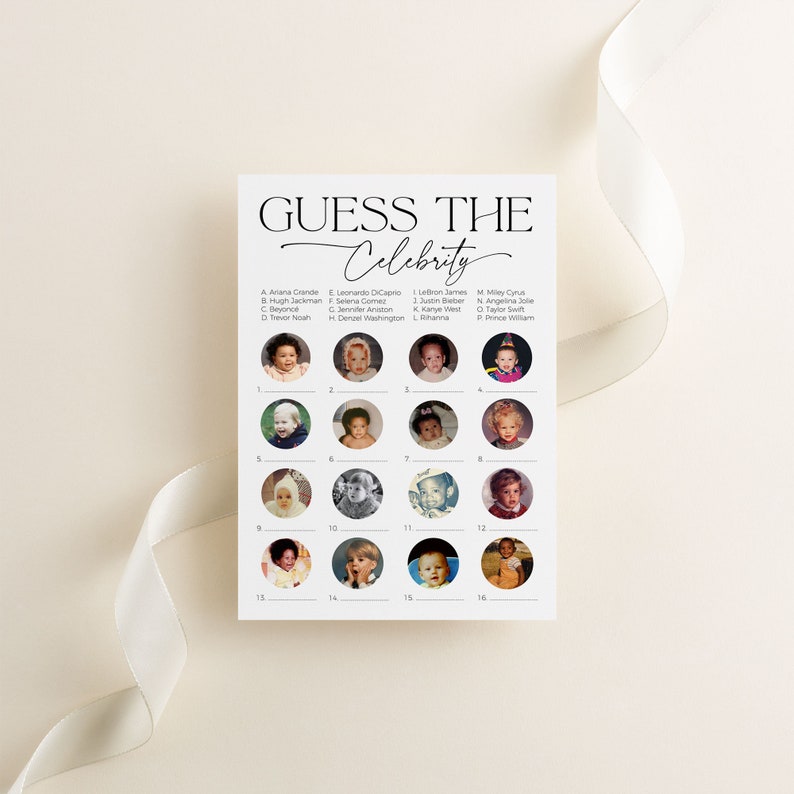 Guess the celebrity game for baby showers with modern, minimalist design and beautiful calligraphy fonts