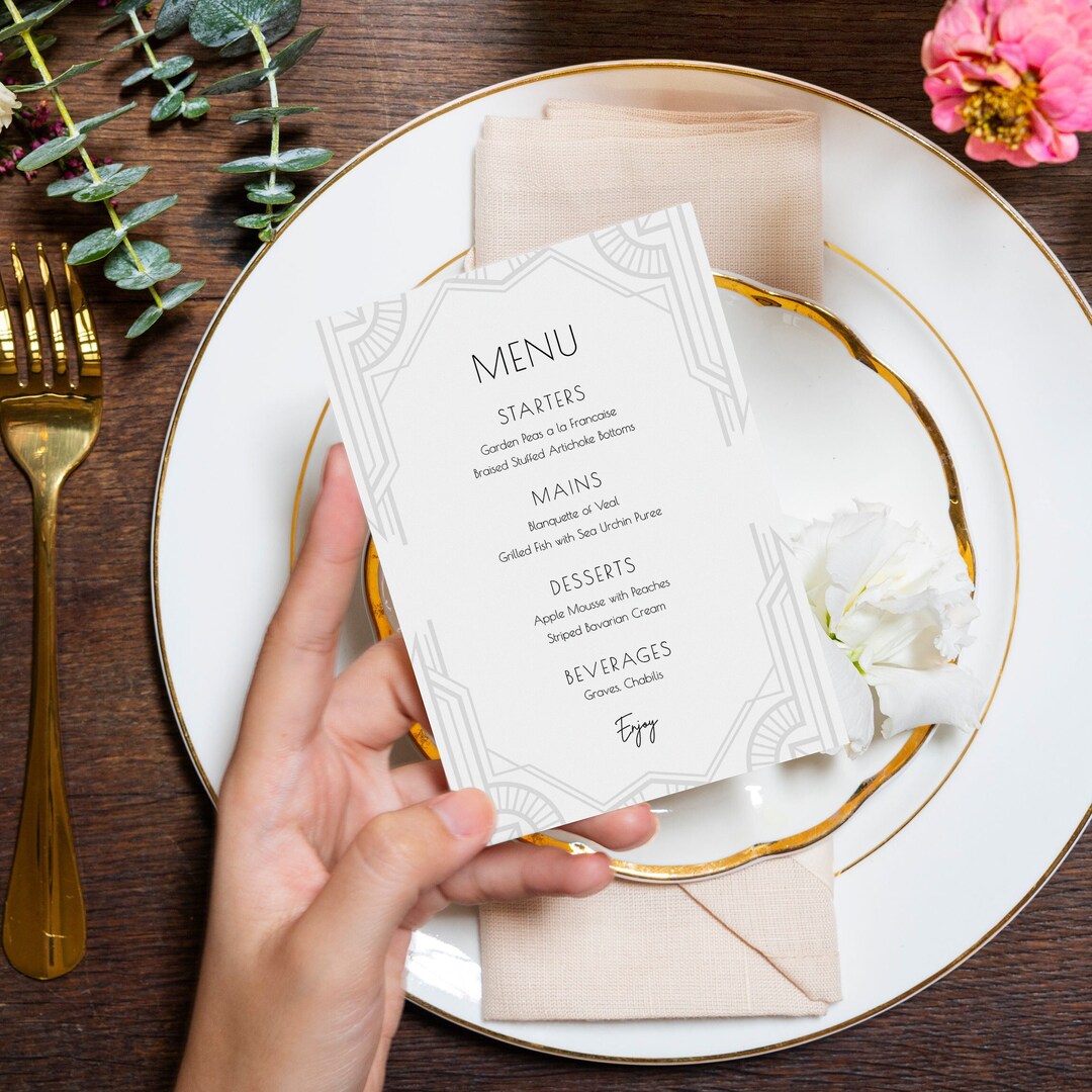 Silver Art Deco Wedding Menu Template, 5x7 Great Gatsby Dinner Menu ...