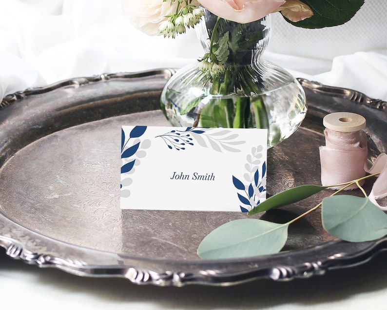 Navy Blue Place Cards Template, Holiday Dinner Name Cards, Table