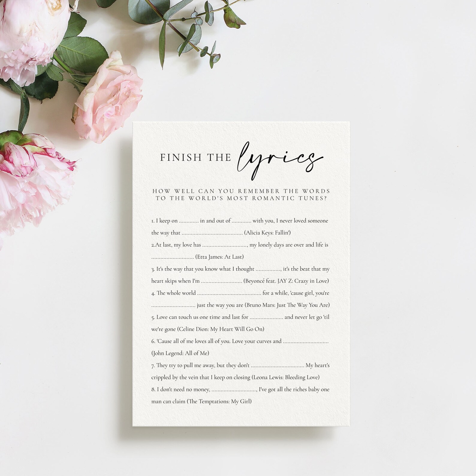 Finish the Lyrics Bridal Shower Game, Music Bachelorette Party Game ...