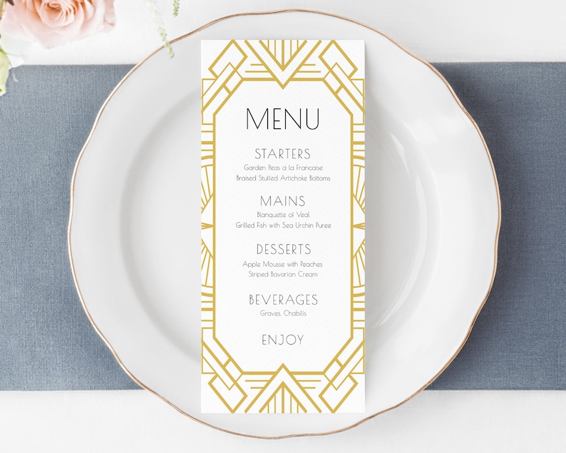 Editable Art Deco Menu Template, Long Art Deco Wedding Menu, Printable ...