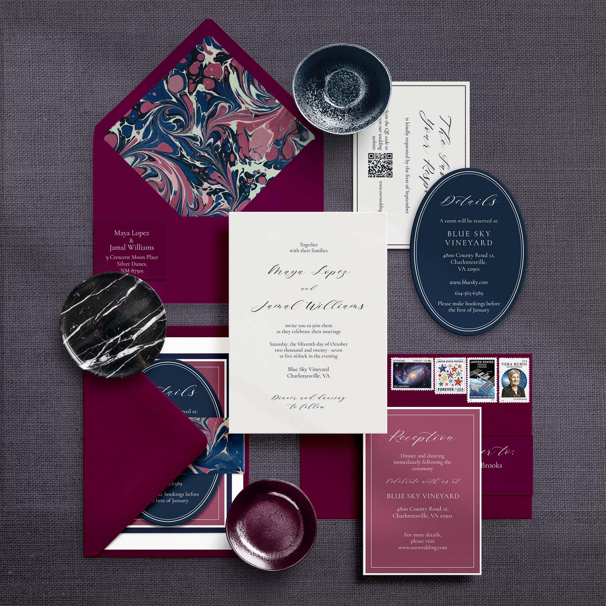 Dark Luxury Wedding Invitation Suite in Burgundy and Navy
