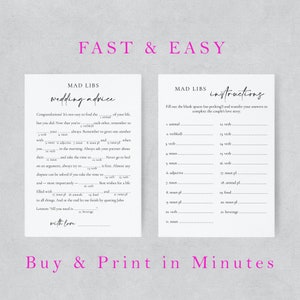 May include: A printable wedding advice Mad Libs game with instructions. Fill in the blanks with words to complete the couple's love story. The game is fast and easy to print.