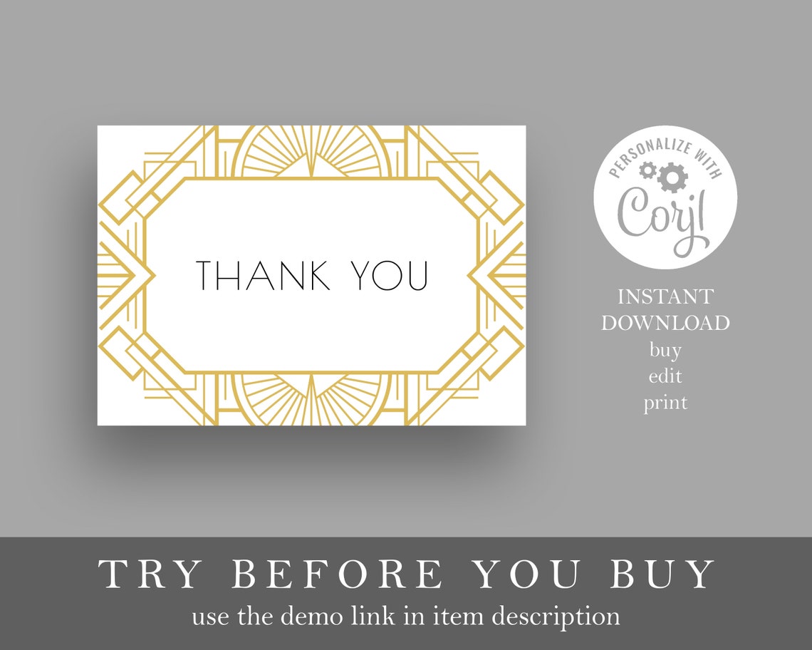 Art Deco Thank You Card Template Editable Thank You Insert Etsy