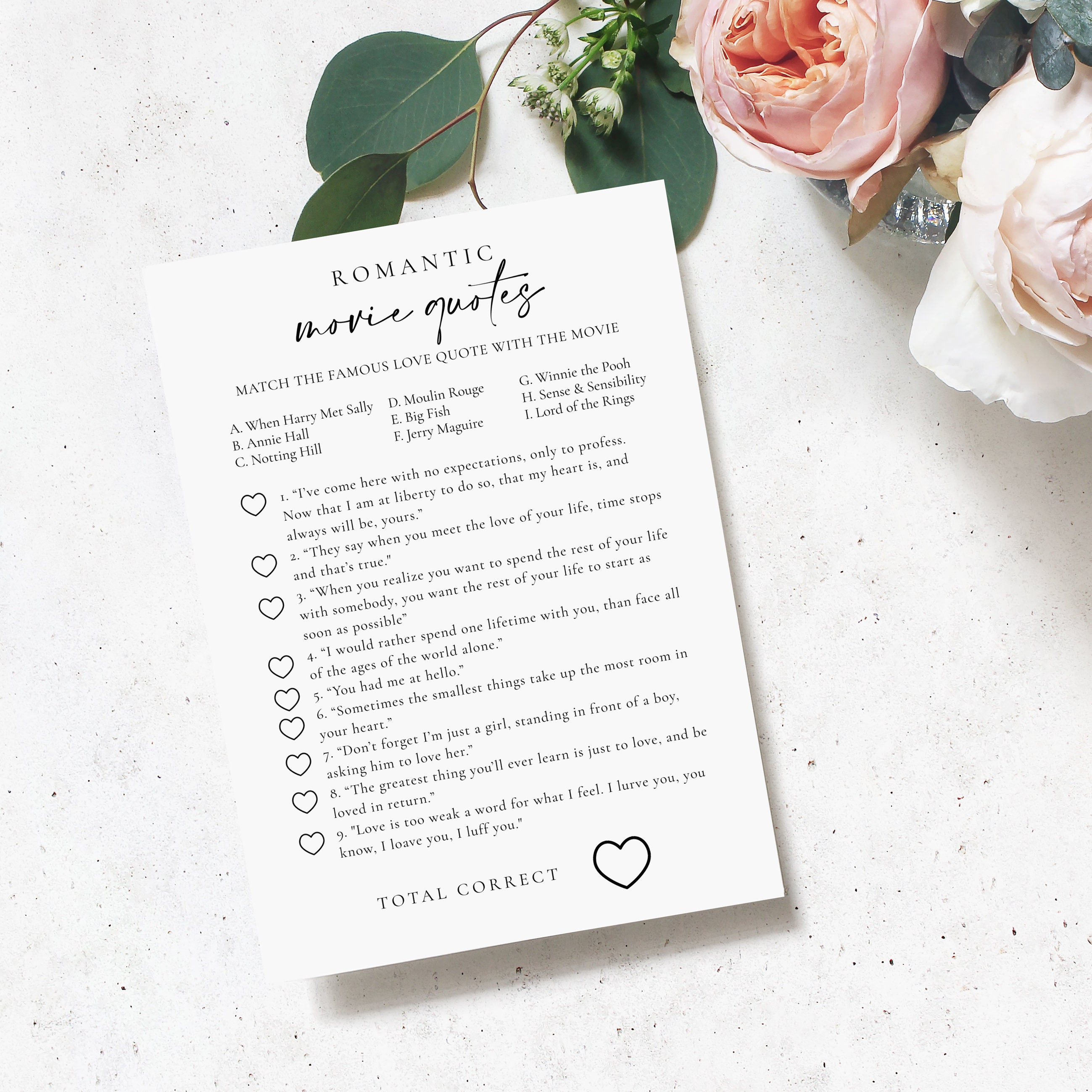 Printable Match the Movie Love Quotes Game Movie Trivia - Etsy