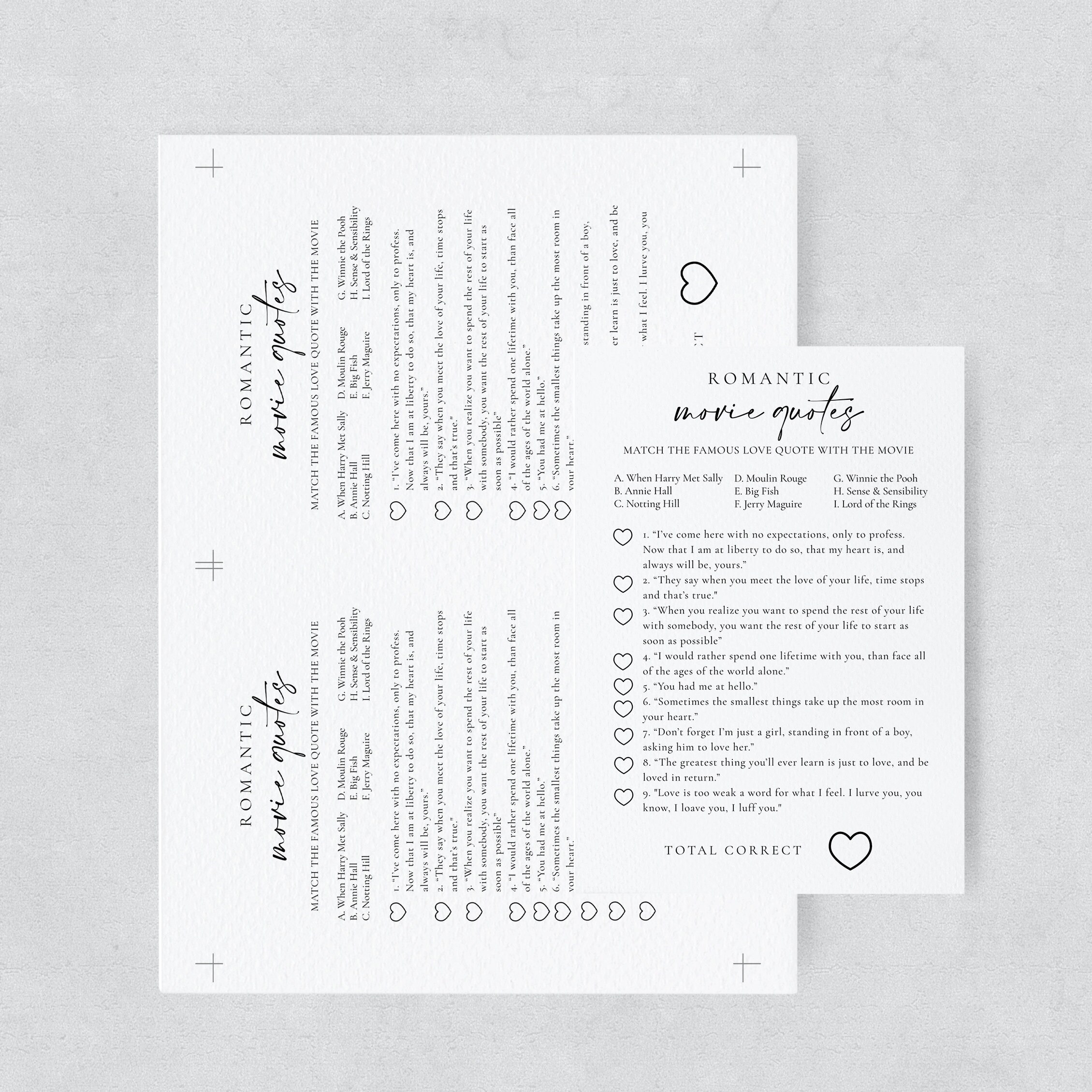 Printable Match the Movie Love Quotes Game, Movie Trivia Bridal Shower ...