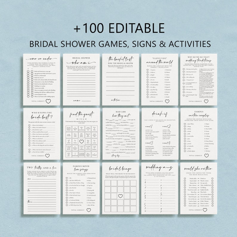 100 Bridal Shower Games Bundle, Modern Bachelorette Party Games, 100% Editable Printable Templates image 1
