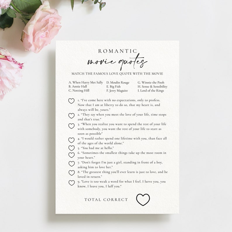 Printable Match the Movie Love Quotes Game, Movie Trivia Bridal Shower