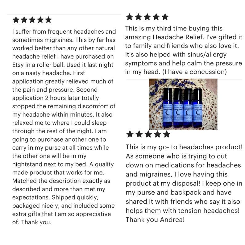 Puede incluir: Tres botellas de vidrio azul con una etiqueta blanca y un logotipo de luna creciente blanco. La etiqueta dice "Headache Relief". Las botellas est&aacute;n sobre una superficie de crochet blanco.