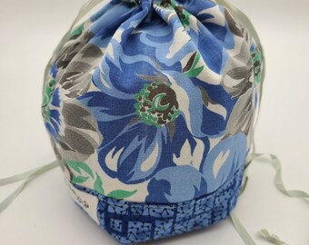 Drawstring Bag - Vintage Blue, White and Gray Floral