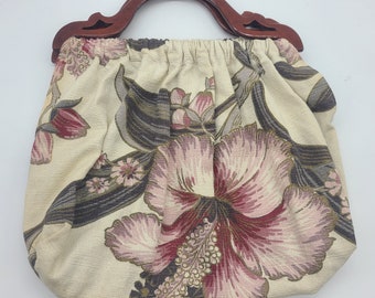 Barkcloth Handbag with Wooden Handle