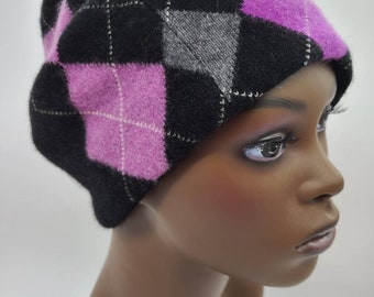 Extra Warm, Reversible, Cashmere Hat - Black and Purple Argyle