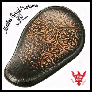 10x13 Ant Brn Oak Leaf Leather Spring Seat Chopper Bobber Harley Sportster Honda