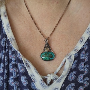 Malachite, Chrysocolla, Malachite Pendant, Chrysocolla Pendant, Malachite Gemstone Pendant, Lemon Qtz, Chrysocolla Jewelry,Wire Wrap Pendant