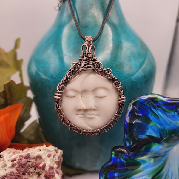 Carved Bone Moon and Sun Face, Carved Bone Pendant, Carved Bone Necklace, Wire Wrap Bone Pendant, Artisan Work, Gift for Her, One of A Kind