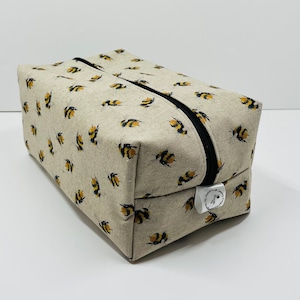 Handmade Bee Print Wash Bag: Linen Toiletry Travel Bag
