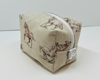Horse Print Linen Makeup Bag: Handmade Toiletry Travel Bag