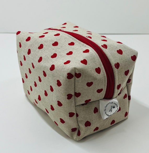 Handmade Linen Makeup Bag: Red Love Heart Print, Wipeable Interior
