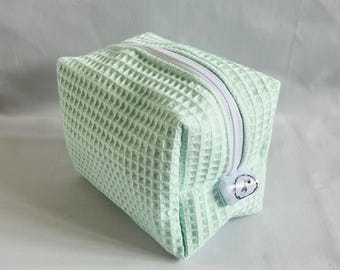 Handmade Mint Green Waffle Makeup Bag: Travel Toiletry Bag