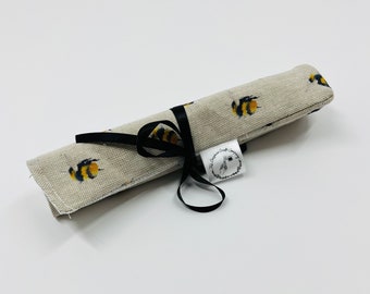 Bee Print Makeup Brush Roll: Handmade Linen Organizer