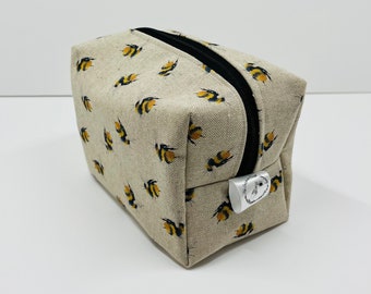 Bee Print Makeup Bag: Handmade Linen Toiletry Bag