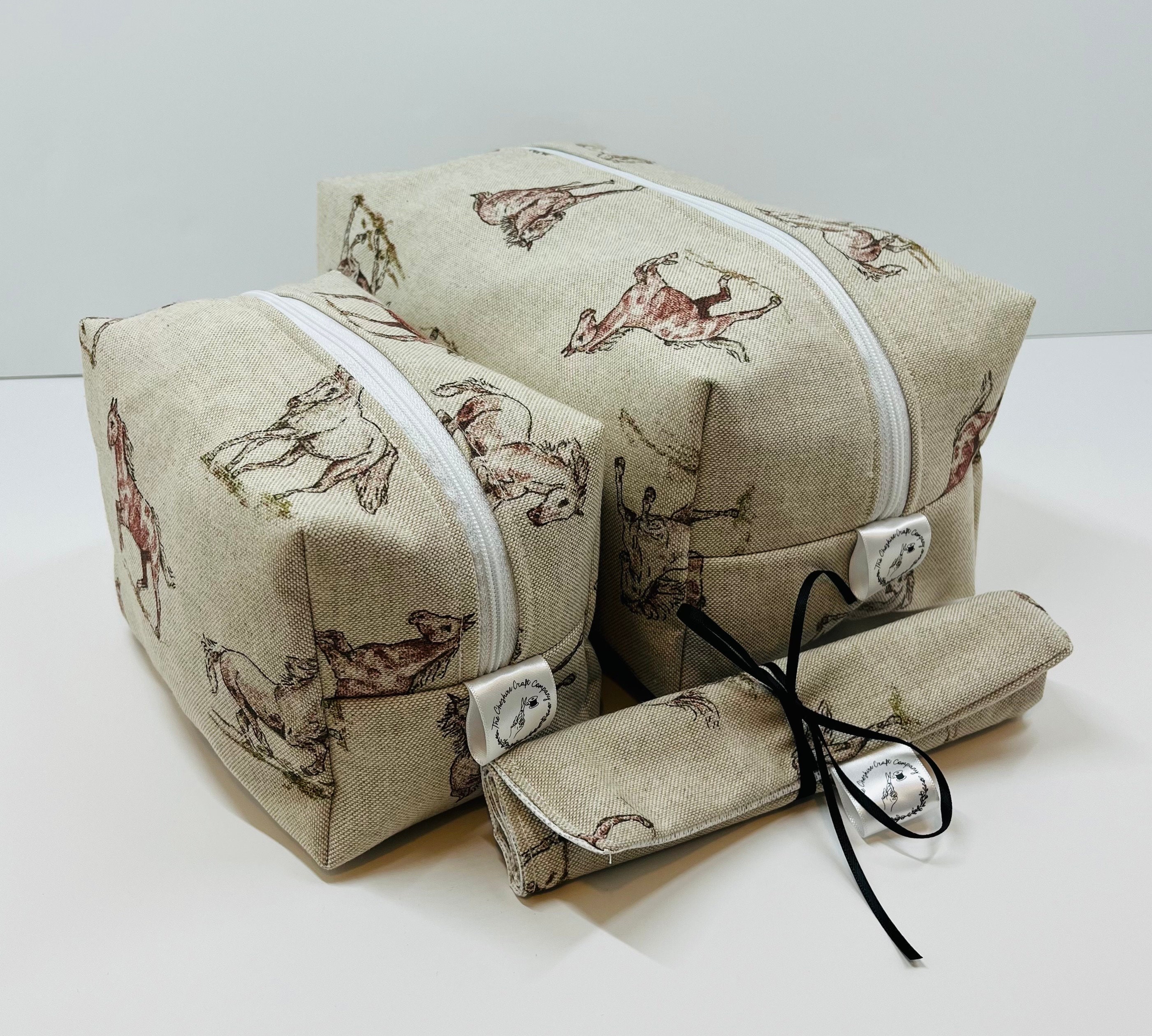 Horse Print Linen Travel Set: Handmade Wash Bag, Makeup Bag & Brush Roll