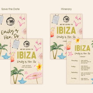 Ibiza themed hen do invite suitcase disco ball bikini cocktail seashell starfish palm tree parasol