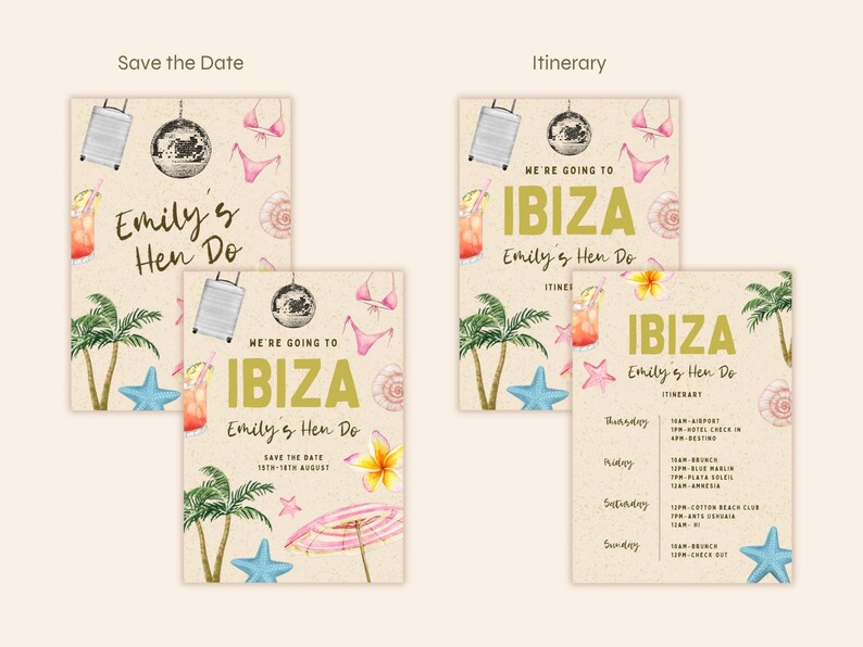 Ibiza themed hen do invite suitcase disco ball bikini cocktail seashell starfish palm tree parasol