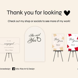 K&ouml;nnte beinhalten: Vier druckbare Schilder f&uuml;r eine Hochzeit oder Verlobungsfeier. Die Schilder sind wei&szlig; mit schwarzem Text. Das erste Schild sagt "We are engaged Let's Celebrate". Das zweite Schild sagt "She said Yes". Das dritte und vierte Schild sagen "Beer Pong Sink it or Drink it".