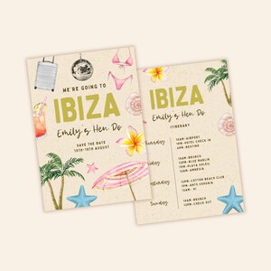 K&ouml;nnte beinhalten: Eine Einladung zu einem Junggesellinnenabschied auf Ibiza, Spanien. Die Einladung zeigt eine Aquarell-Illustration eines Koffers, einer Discokugel, Cocktails, Muscheln, Palmen und eines rosa-wei&szlig; gestreiften Sonnenschirms. Der Text lautet "We're going to Ibiza, Emily's Hen Do, Save the Date 15th-18th August".