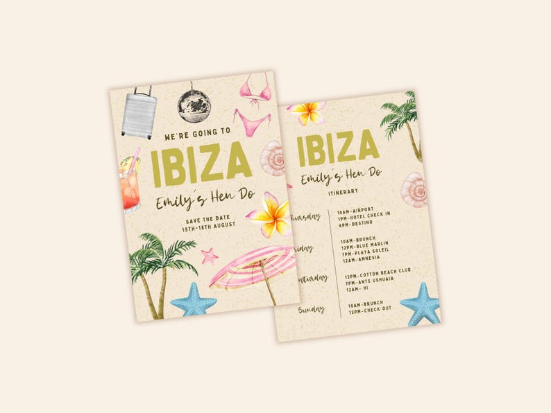 K&ouml;nnte beinhalten: Eine Einladung zu einem Junggesellinnenabschied auf Ibiza, Spanien. Die Einladung zeigt eine Aquarell-Illustration eines Koffers, einer Discokugel, Cocktails, Muscheln, Palmen und eines rosa-wei&szlig; gestreiften Sonnenschirms. Der Text lautet "We're going to Ibiza, Emily's Hen Do, Save the Date 15th-18th August".