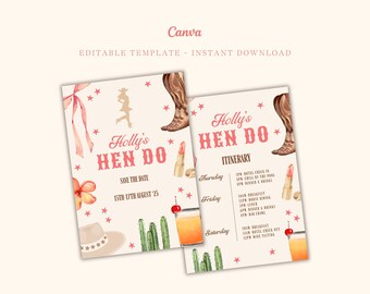 Könnte beinhalten: Eine druckbare Einladung und Reiseroute für einen Junggesellinnenabschied mit Western-Thema. Die Einladung ist in den Farben Pink und Rot gehalten und zeigt eine Silhouette einer Frau mit Cowboyhut und Stiefeln. Die Reiseroute enthält eine Liste der Aktivitäten für das Wochenende, darunter eine Poolparty, ein Abendessen und eine Weinprobe.