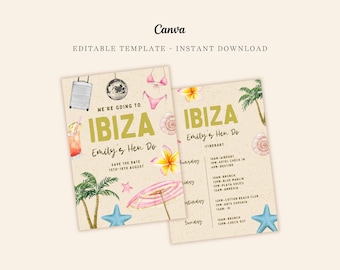 Könnte beinhalten: Eine druckbare Einladung zu einem Junggesellinnenabschied auf Ibiza, Spanien. Die Einladung zeigt eine Aquarell-Illustration von Palmen, Muscheln und einem Cocktailglas. Der Text auf der Einladung lautet "We're going to Ibiza, Emily's Hen Do, Save the Date 15th-18th August". Die Einladung enthält auch einen detaillierten Reiseplan für den Junggesellinnenabschied.