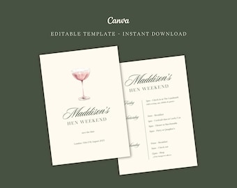 Hen Do Itinerary Template | Editable Bridal Weekend, Save the Date (Instant Download)