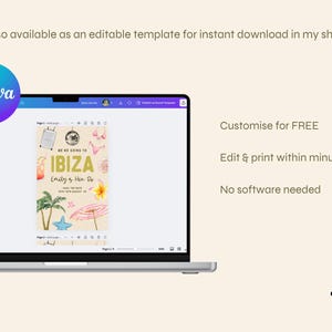 K&ouml;nnte beinhalten: Ein Laptop-Bildschirm zeigt eine Canva-Designvorlage f&uuml;r eine Junggesellinnenabschiedseinladung. Die Einladung zeigt eine Aquarellillustration eines Koffers, Palmen, eines Seesterns und den Text "We're going to Ibiza, Emily & Hen Do".