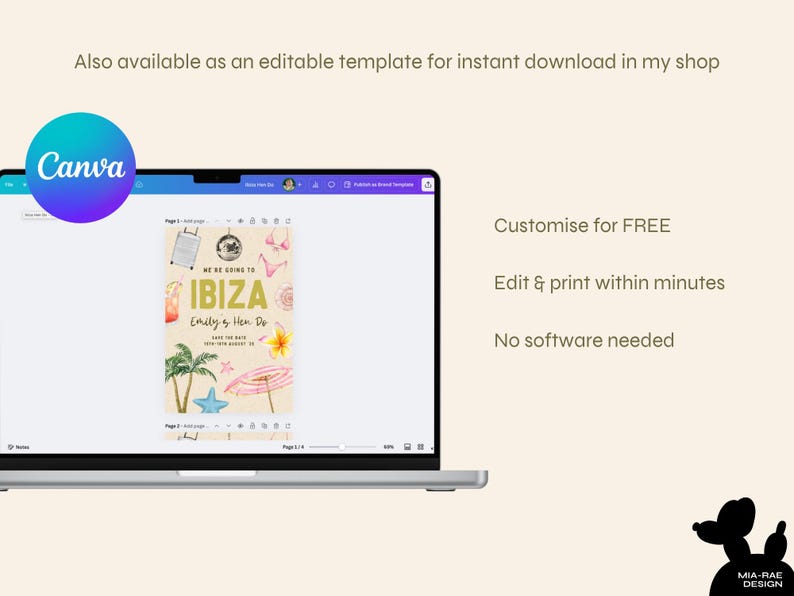 K&ouml;nnte beinhalten: Ein Laptop-Bildschirm zeigt eine Canva-Designvorlage f&uuml;r eine Junggesellinnenabschiedseinladung. Die Einladung zeigt eine Aquarellillustration eines Koffers, Palmen, eines Seesterns und den Text "We're going to Ibiza, Emily & Hen Do".