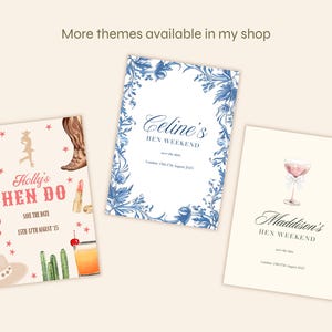 K&ouml;nnte beinhalten: Drei druckbare Save-the-Date-Karten f&uuml;r eine Junggesellinnenparty. Die erste Karte hat ein rosafarbenes und rotes Western-Thema mit einem Kaktus, Cowboystiefeln und einem Cocktail. Die zweite Karte hat ein blaues und wei&szlig;es Blumenmuster. Die dritte Karte hat ein rosafarbenes Cocktailglas mit einer wei&szlig;en Schleife auf cremefarbenem Hintergrund.