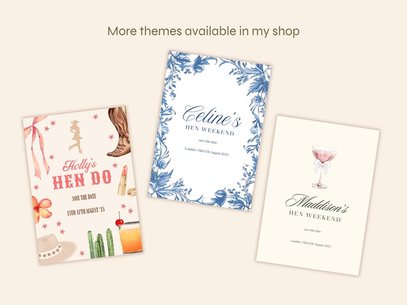 K&ouml;nnte beinhalten: Drei druckbare Save-the-Date-Karten f&uuml;r eine Junggesellinnenparty. Die erste Karte hat ein rosafarbenes und rotes Western-Thema mit einem Kaktus, Cowboystiefeln und einem Cocktail. Die zweite Karte hat ein blaues und wei&szlig;es Blumenmuster. Die dritte Karte hat ein rosafarbenes Cocktailglas mit einer wei&szlig;en Schleife auf cremefarbenem Hintergrund.