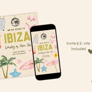 K&ouml;nnte beinhalten: Eine digitale und gedruckte Einladung zu einem Junggesellinnenabschied auf Ibiza, Spanien. Die Einladung zeigt einen Koffer, eine Discokugel, Palmen und einen Cocktail. Der Text auf der Einladung lautet "We're going to Ibiza, Emily's Hen Do, Save the Date 15th-18th August".
