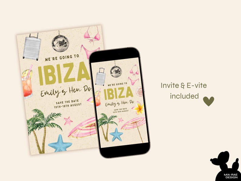 K&ouml;nnte beinhalten: Eine digitale und gedruckte Einladung zu einem Junggesellinnenabschied auf Ibiza, Spanien. Die Einladung zeigt einen Koffer, eine Discokugel, Palmen und einen Cocktail. Der Text auf der Einladung lautet "We're going to Ibiza, Emily's Hen Do, Save the Date 15th-18th August".